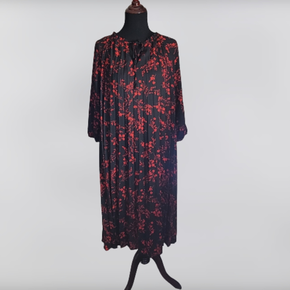 Nanette Lepore Floral Midi Dress Size 6 Black Red Pleated Tie Waist Long Sleeve - Picture 2 of 5